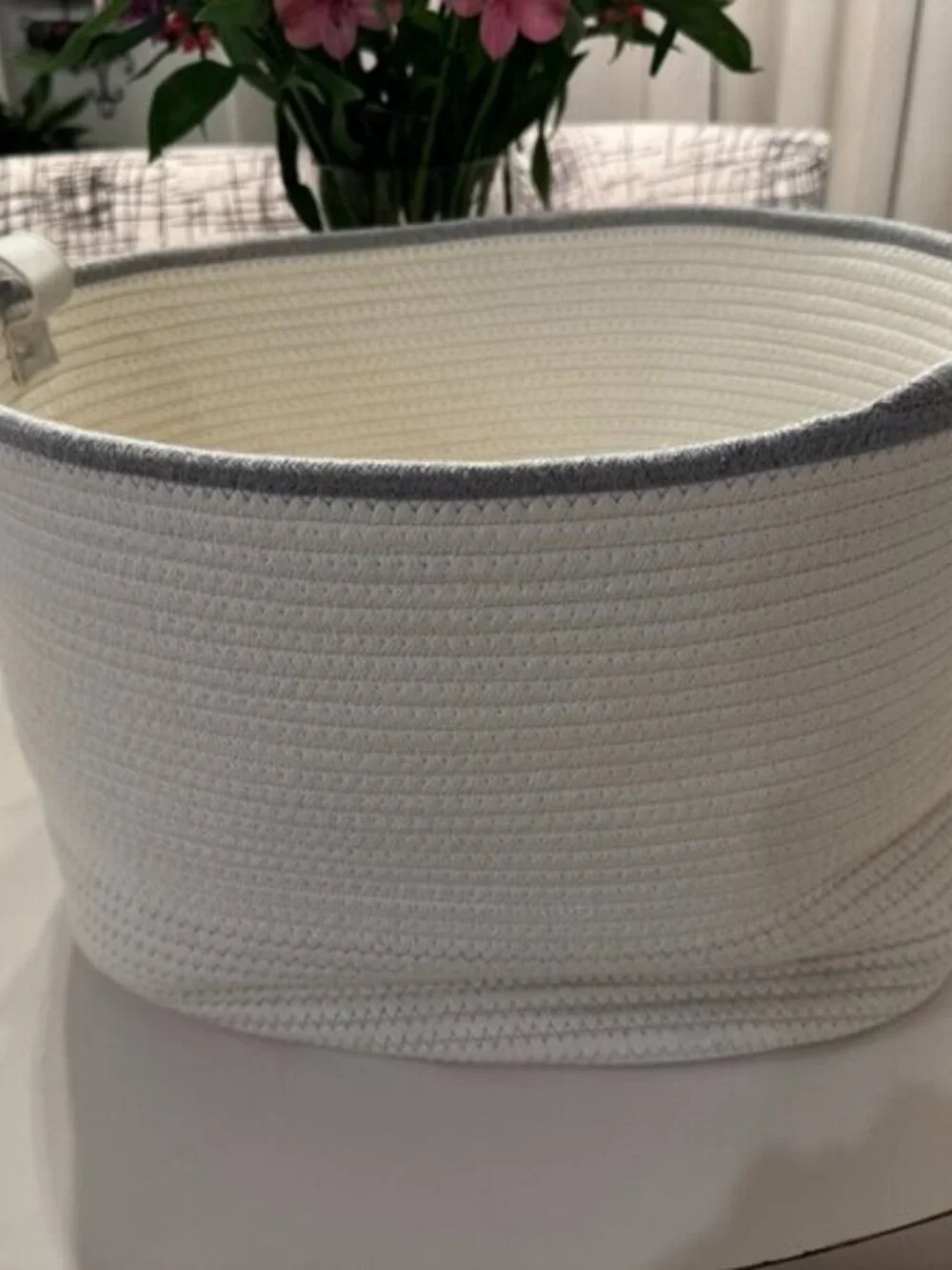 Grey and cream weaved basket. 15 x 18 x 12. New